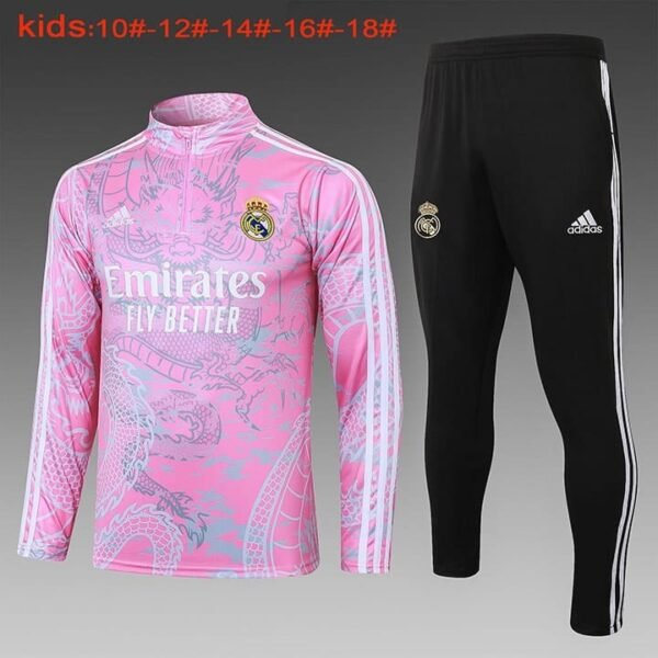 E769 23/24 Real Madrid short zipper Chinese dragon pink  kids kit 10-18