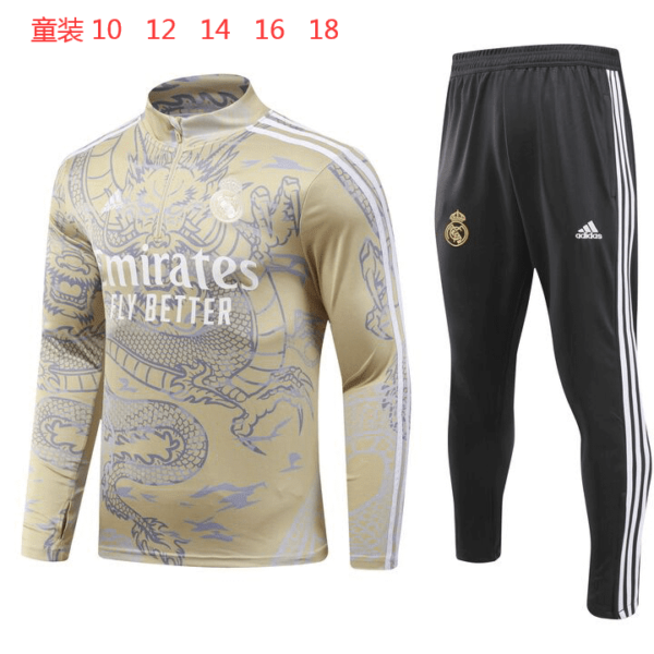 E764 23/24 Real Madrid short zipper Chinese dragon golden kids kit 10-18